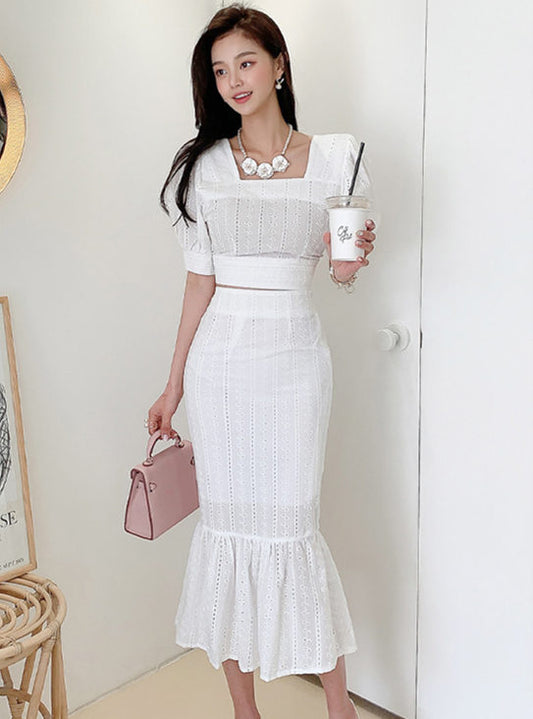 CM-SF041307 Women Preppy Seoul Style Square Collar Puff Sleeve Fishtail Dress Set