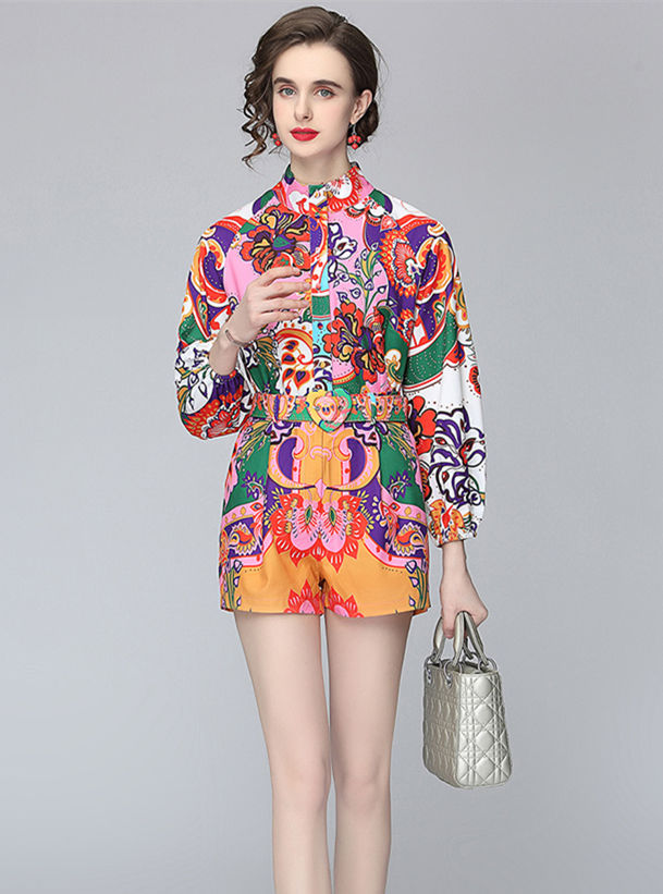 CM-SF041504 Women Retro European Style Floral High Waist Puff Sleeve Loosen Short Suits - Set