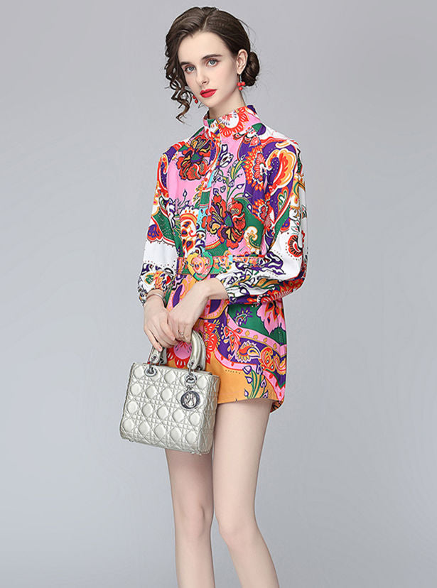 CM-SF041504 Women Retro European Style Floral High Waist Puff Sleeve Loosen Short Suits - Set