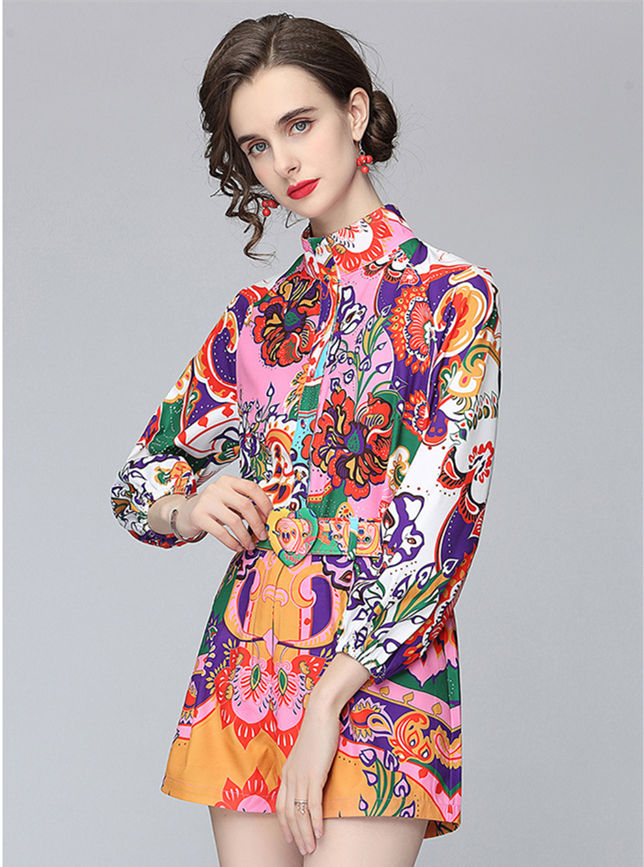 CM-SF041504 Women Retro European Style Floral High Waist Puff Sleeve Loosen Short Suits - Set