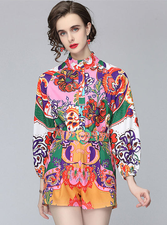 CM-SF041504 Women Retro European Style Floral High Waist Puff Sleeve Loosen Short Suits - Set