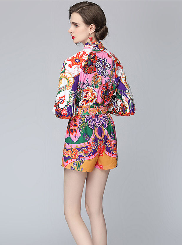 CM-SF041504 Women Retro European Style Floral High Waist Puff Sleeve Loosen Short Suits - Set