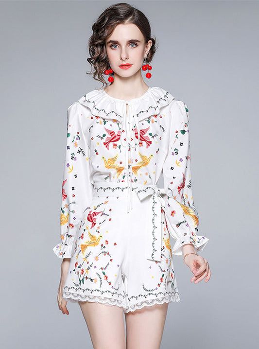 CM-SF041511 Women Lovely European Style Flouncing Collar Floral Short Suits - Set