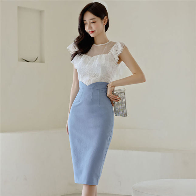 CM-SF041918 Women Charming Seoul Style Lace Blouse With High Waist Slim Skirt - Set