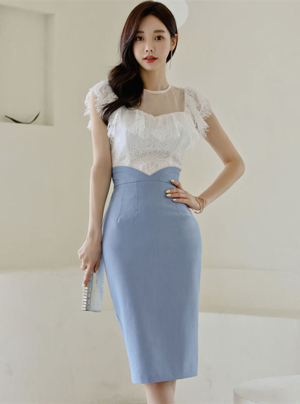 CM-SF041918 Women Charming Seoul Style Lace Blouse With High Waist Slim Skirt - Set