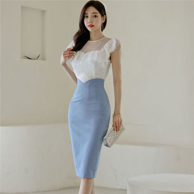 CM-SF041918 Women Charming Seoul Style Lace Blouse With High Waist Slim Skirt - Set