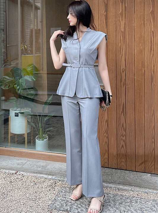 CM-SF042326 Women Casual Seoul Style Belted Waist V-Neck Slim Long Suits - Set (Available in 2 colors)