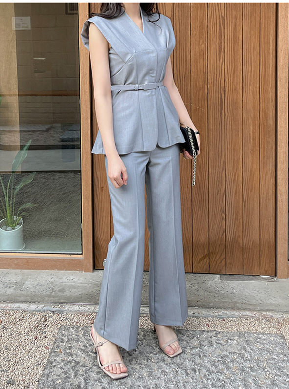 CM-SF042326 Women Casual Seoul Style Belted Waist V-Neck Slim Long Suits - Set (Available in 2 colors)