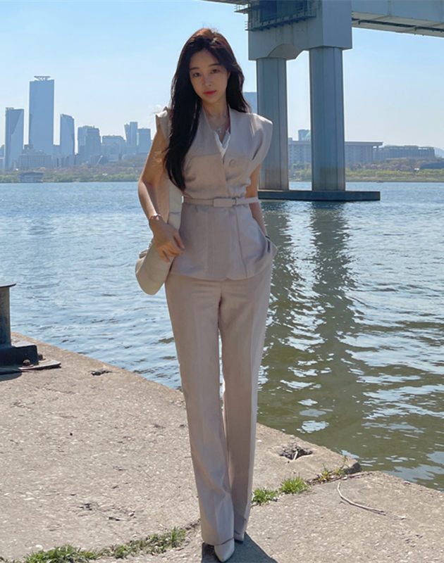 CM-SF042326 Women Casual Seoul Style Belted Waist V-Neck Slim Long Suits - Set (Available in 2 colors)