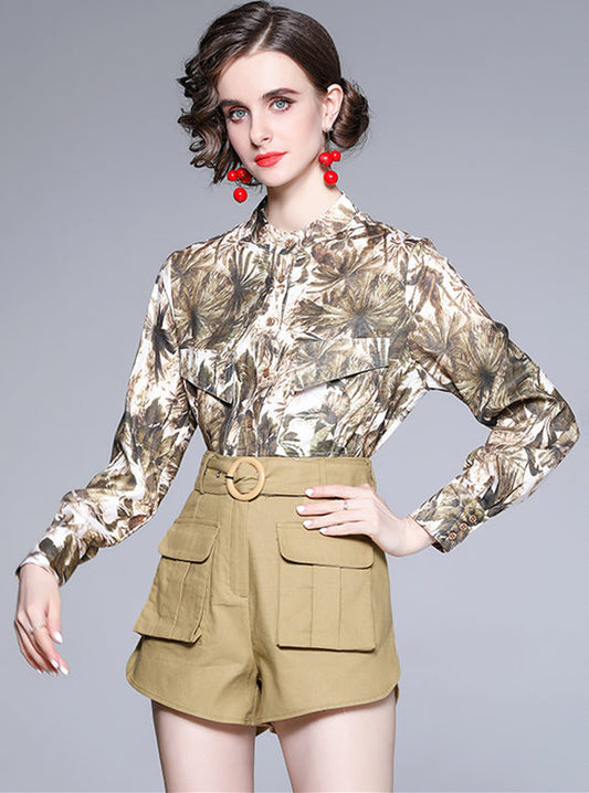 CM-SF042414 Women Retro European Style Floral Loosen Blouse With High Waist Pants - Set