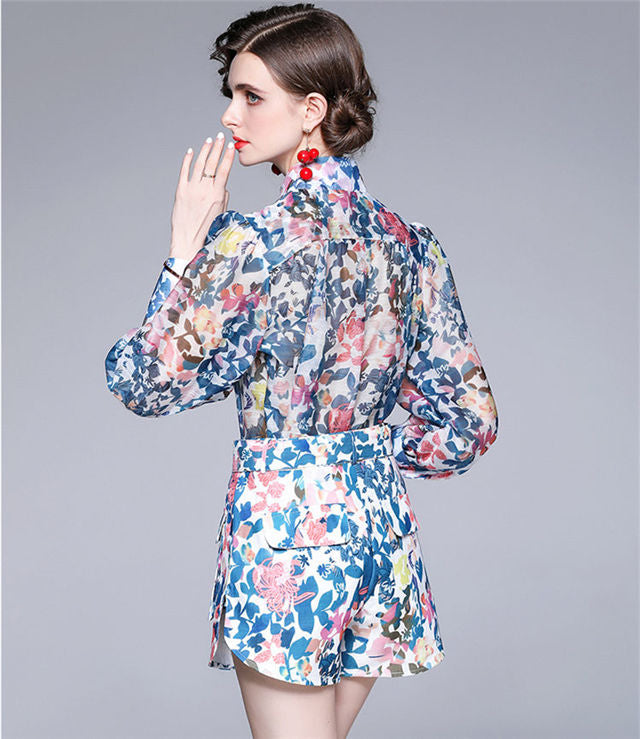 CM-SF042416 Women Elegant European Style Puff Sleeve Blouse With Floral Pants - Set