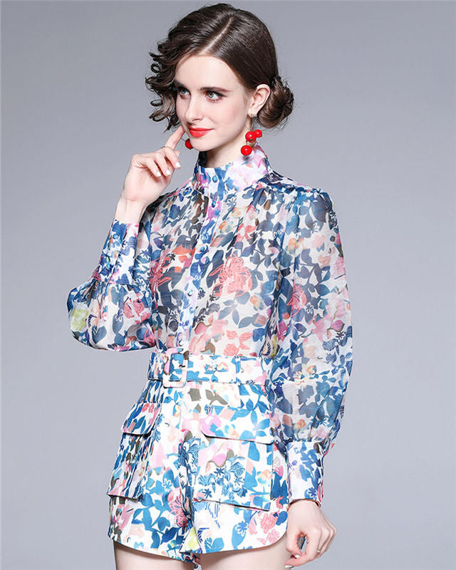 CM-SF042416 Women Elegant European Style Puff Sleeve Blouse With Floral Pants - Set