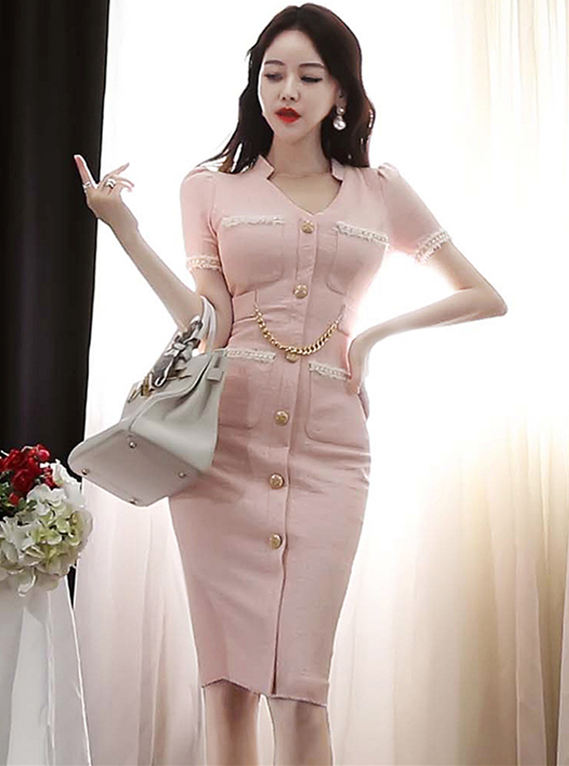CM-DF042520 Women Elegant Seoul Style Single-Breasted V-Neck Chain Waist Slim Dress - Pink