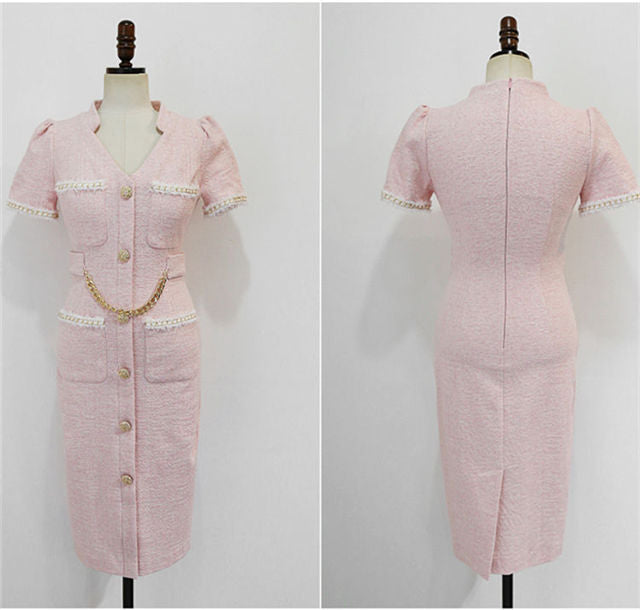 CM-DF042520 Women Elegant Seoul Style Single-Breasted V-Neck Chain Waist Slim Dress - Pink