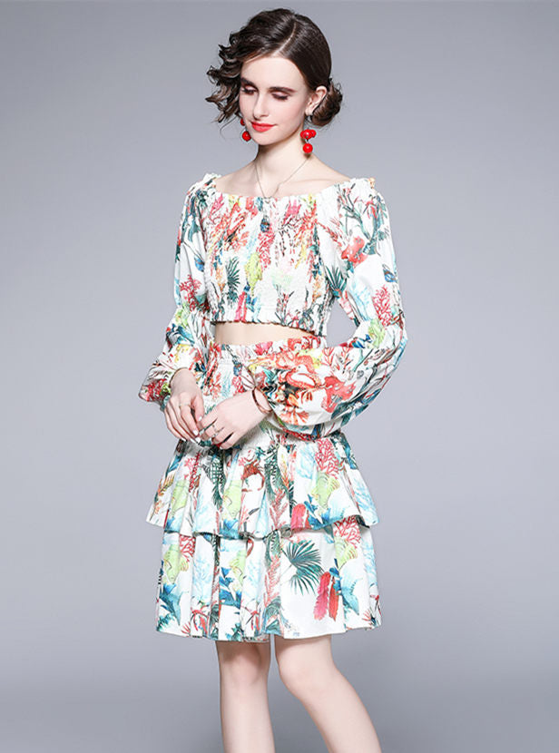 CM-SF042714 Women Casual European Style Boat Neck Puff Sleeve Blouse With Floral Skirt - Set