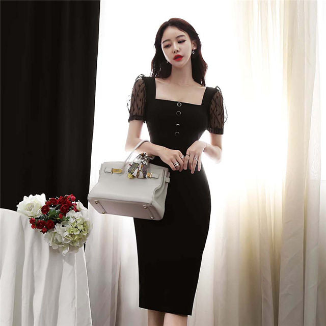 CM-DF042801 Women Casual Seoul Style Square Collar Gauze Short Sleeve Bodycon Dress - Black