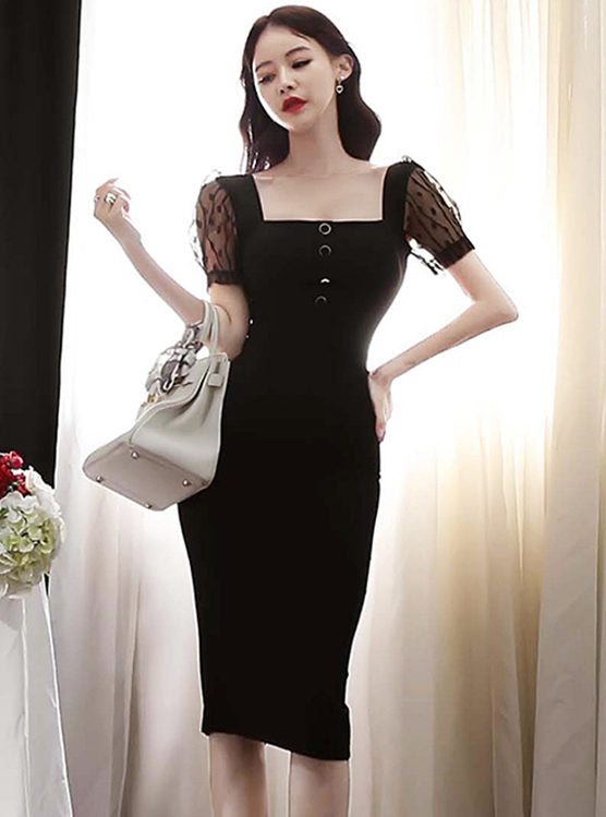 CM-DF042801 Women Casual Seoul Style Square Collar Gauze Short Sleeve Bodycon Dress - Black