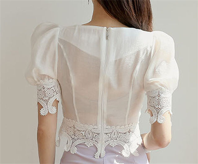 CM-SF042811 Women Charming Seoul Style Lace Puff Sleeve Blouse With Fishtail Skirt - Set