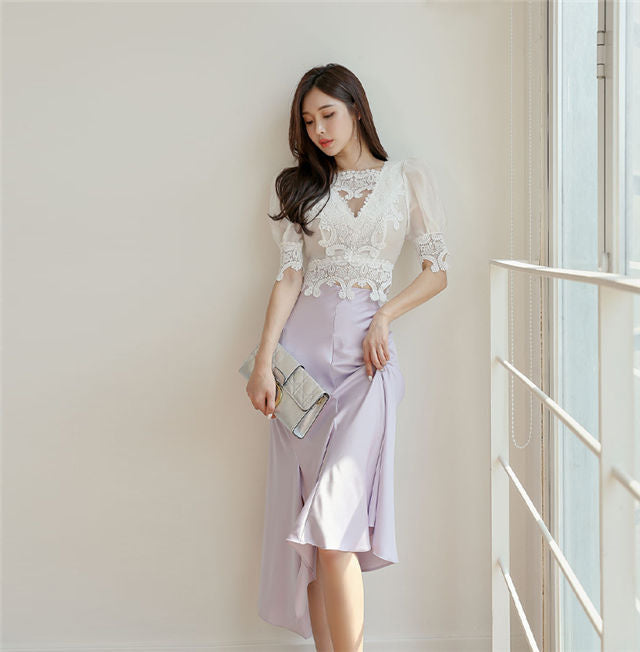 CM-SF042811 Women Charming Seoul Style Lace Puff Sleeve Blouse With Fishtail Skirt - Set