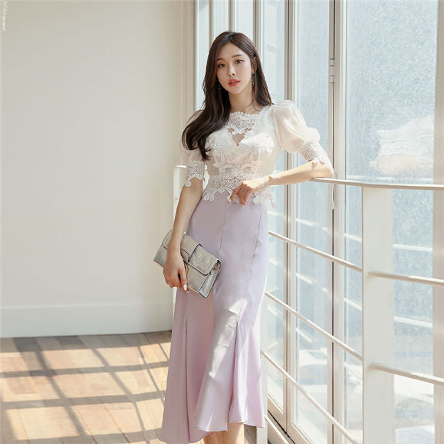 CM-SF042811 Women Charming Seoul Style Lace Puff Sleeve Blouse With Fishtail Skirt - Set