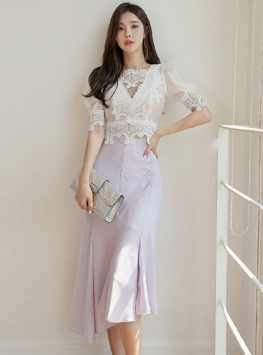 CM-SF042811 Women Charming Seoul Style Lace Puff Sleeve Blouse With Fishtail Skirt - Set