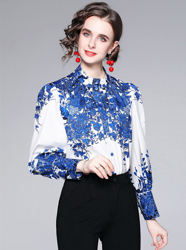 CM-TF042926 Women Retro European Style Floral Puff Sleeve Loosen Blouse - Blue