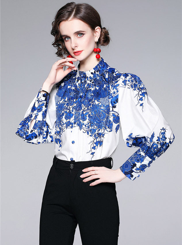 CM-TF042926 Women Retro European Style Floral Puff Sleeve Loosen Blouse - Blue