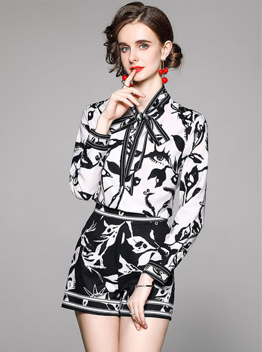 CM-SF050319 Women Casual European Style Tie Collar Ink Printings Short Suits - Set