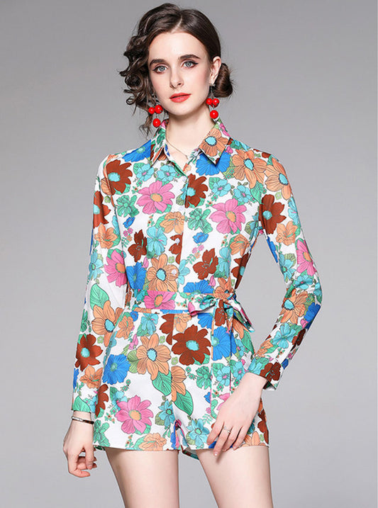 CM-SF050507 Women Casual European Style Tie Waist Floral Blouse With Short Pants - Set