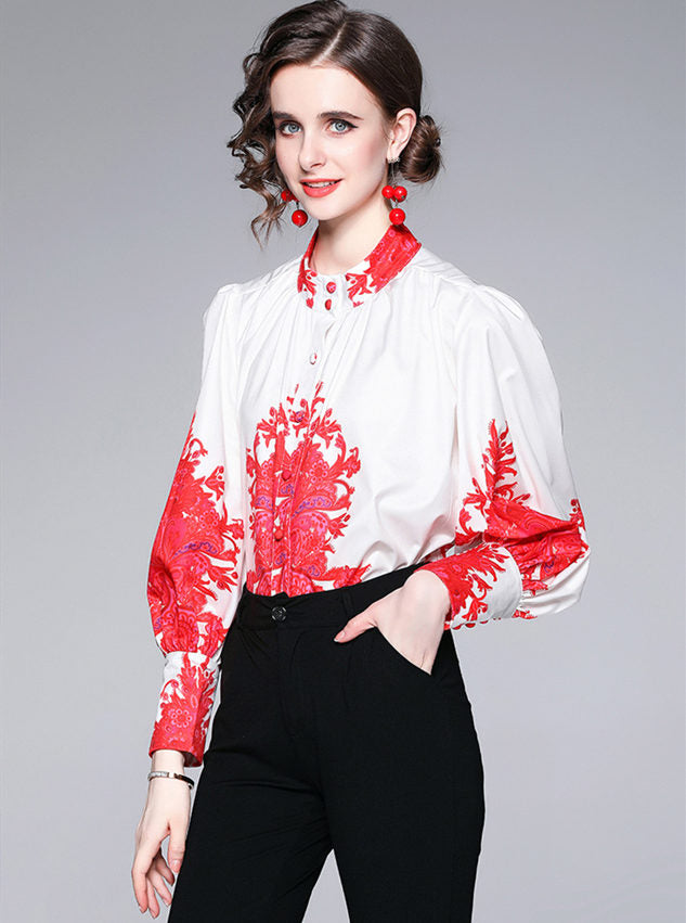 CM-TF050519 Women Elegant European Style Floral Puff Sleeve Loosen Long Sleeve Blouse - Red