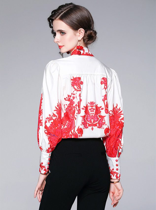 CM-TF050519 Women Elegant European Style Floral Puff Sleeve Loosen Long Sleeve Blouse - Red