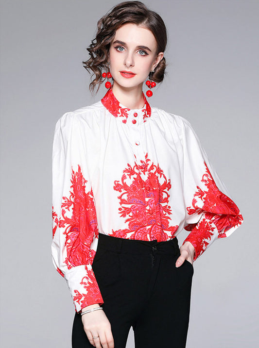 CM-TF050519 Women Elegant European Style Floral Puff Sleeve Loosen Long Sleeve Blouse - Red