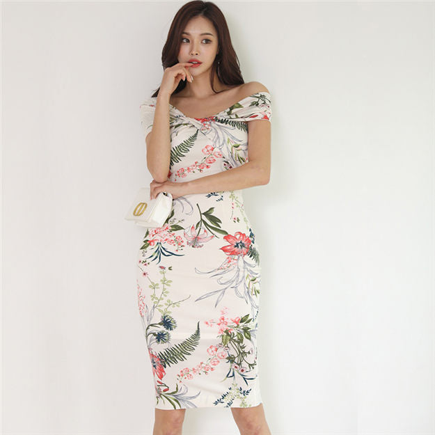 CM-DF050620 Women Charming Seoul Style Boat Neck Floral Print Skinny Tank Dress