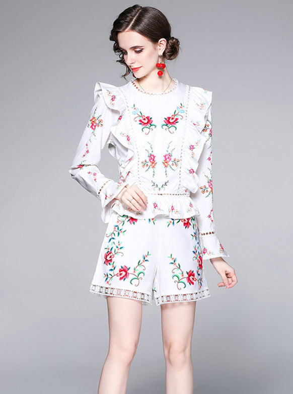 CM-SF050719 Women Casual European Style Flouncing Waist Floral Short Suits - Set