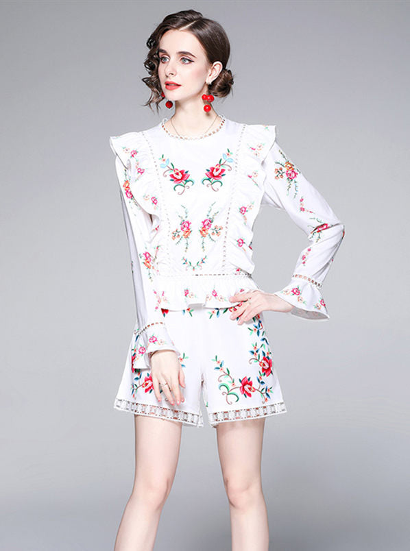 CM-SF050719 Women Casual European Style Flouncing Waist Floral Short Suits - Set