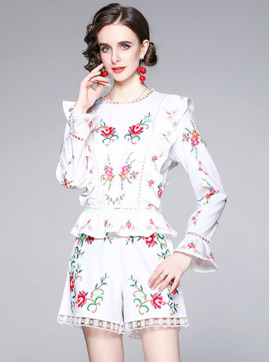 CM-SF050719 Women Casual European Style Flouncing Waist Floral Short Suits - Set