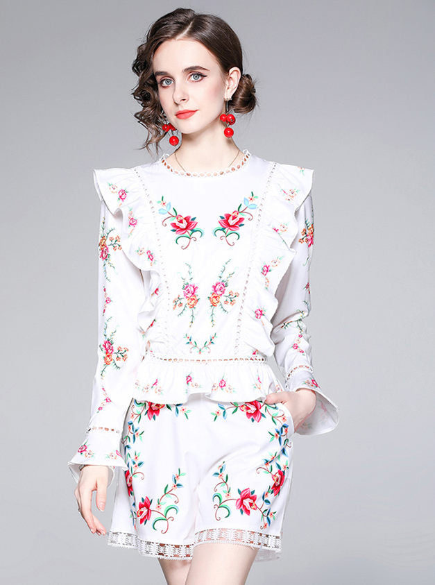 CM-SF050719 Women Casual European Style Flouncing Waist Floral Short Suits - Set