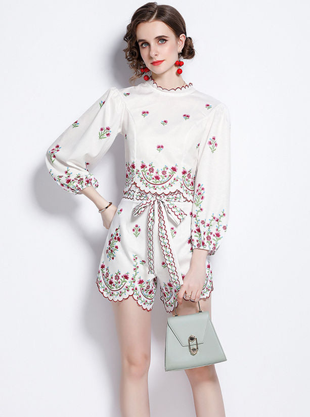 CM-SF050923 Women Casual European Style Tie Waist Puff Sleeve Floral Short Suits - Set