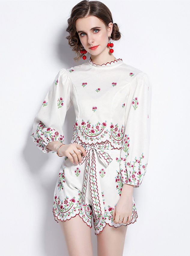 CM-SF050923 Women Casual European Style Tie Waist Puff Sleeve Floral Short Suits - Set