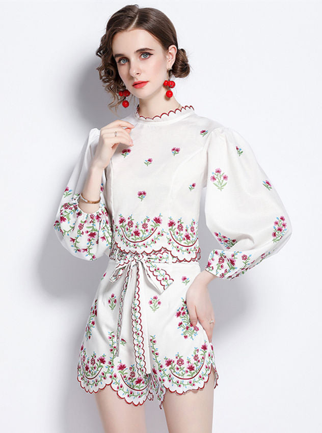 CM-SF050923 Women Casual European Style Tie Waist Puff Sleeve Floral Short Suits - Set