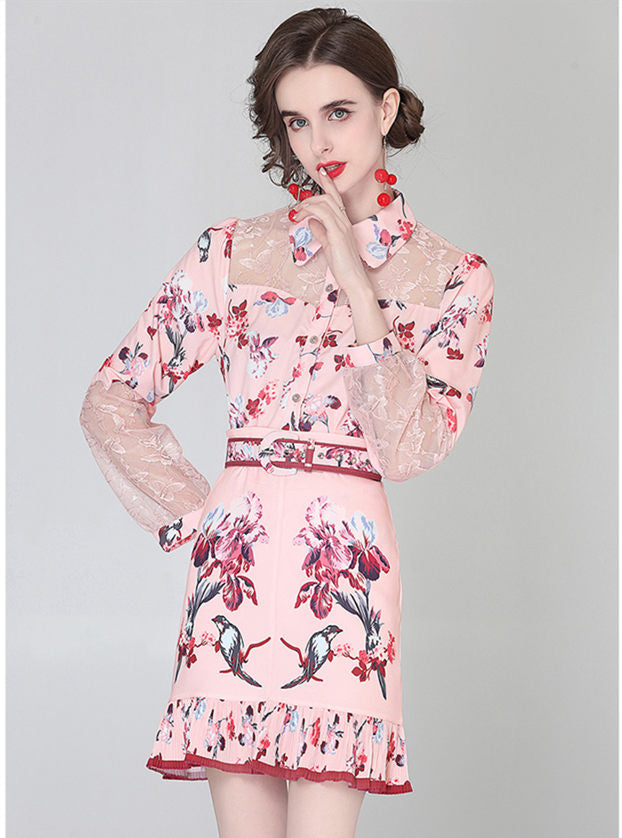 CM-SF051115 Women Elegant European Style Belt Waist Lace Splicing Floral Dress Set
