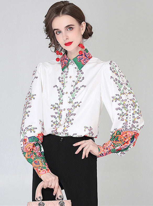 CM-TF051306 Women Elegant European Style Shirt Collar Floral Loosen Puff Sleeve Blouse