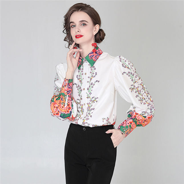 CM-TF051306 Women Elegant European Style Shirt Collar Floral Loosen Puff Sleeve Blouse
