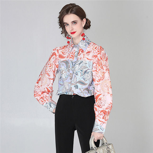 CM-TF051307 Women Retro Eyropean Style Floral Shirt Collar Puff Sleeve Blouse