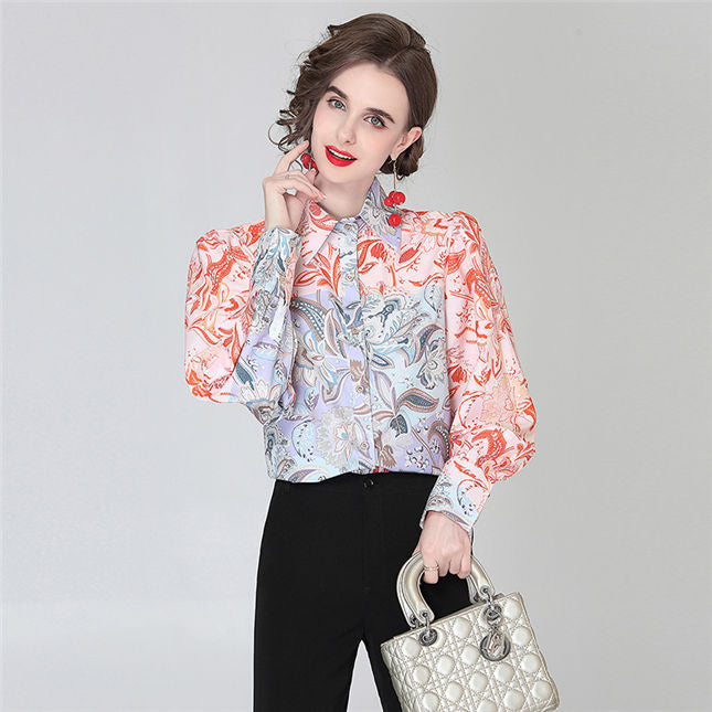 CM-TF051307 Women Retro Eyropean Style Floral Shirt Collar Puff Sleeve Blouse