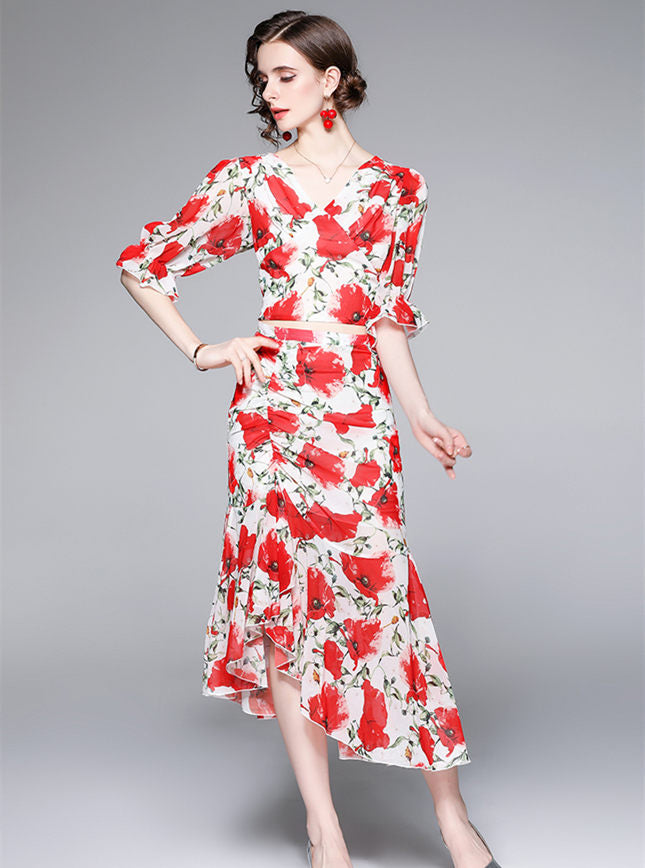 CM-SF051318 Women Casual European Style High Waist V-Neck Fishtail Floral Dress Set