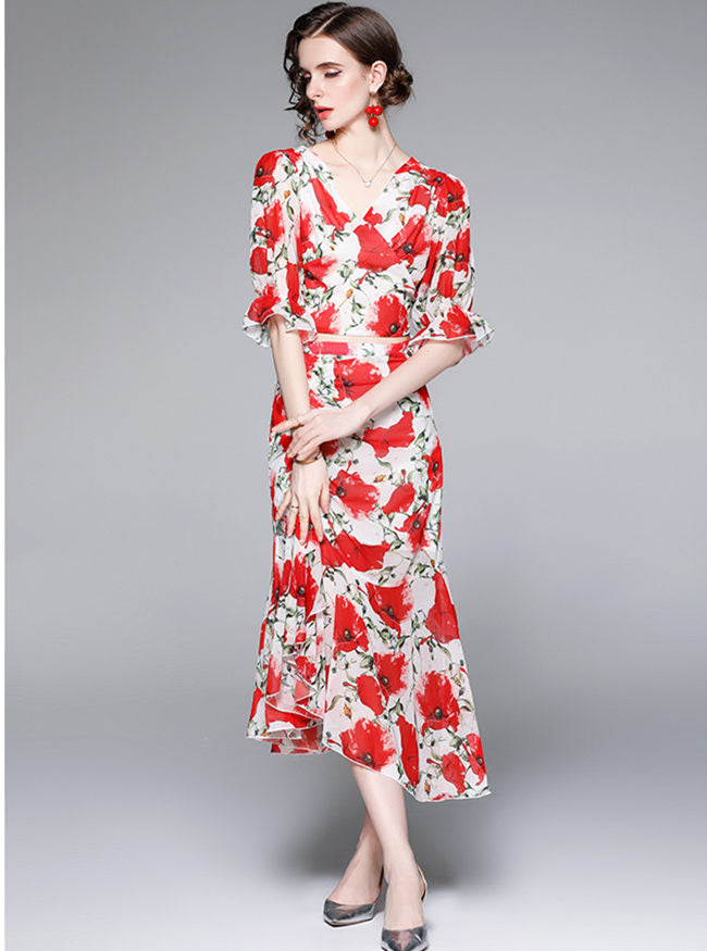 CM-SF051318 Women Casual European Style High Waist V-Neck Fishtail Floral Dress Set