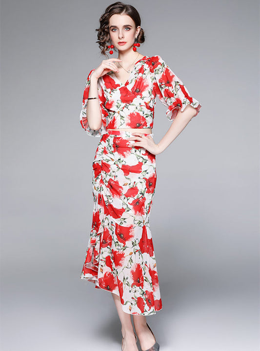 CM-SF051318 Women Casual European Style High Waist V-Neck Fishtail Floral Dress Set