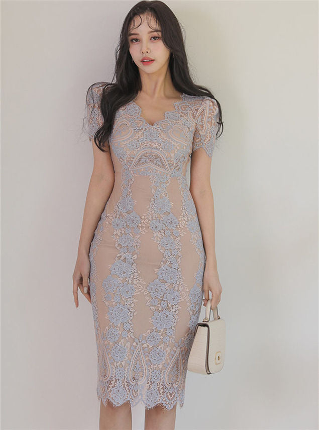 CM-DF051409 Women Casual Seoul Style V-Neck Fitted Waist Lace Slim Dress