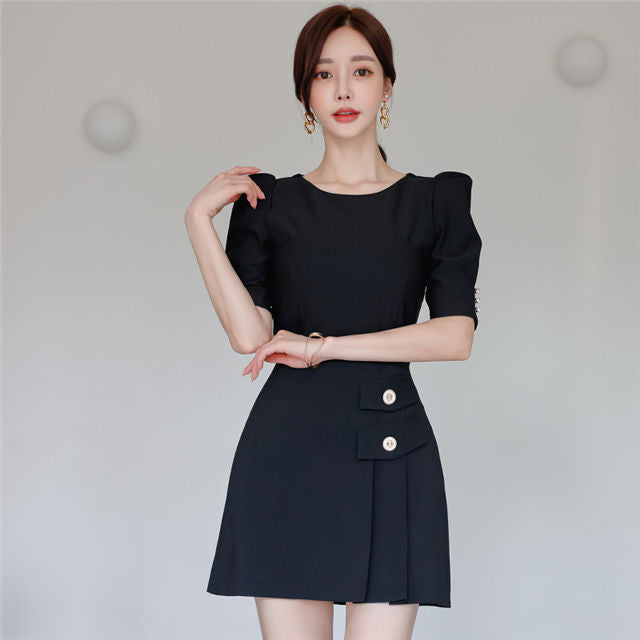 CM-SF052003 Women Casual Seoul Style Chain Round Neck Slim Blouse With Mini Skirt - Set